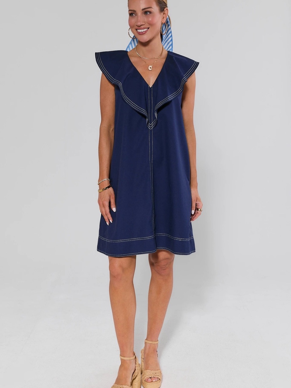 Avara Alexis Navy Ruffle Short Dress Contrast Stitch M
